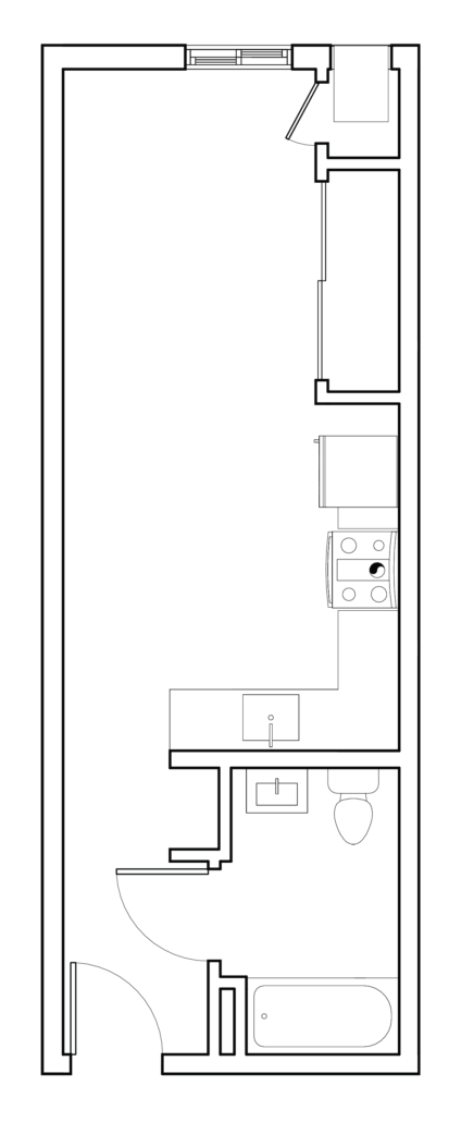 Black-and-white architectural floor plan of a narrow apartment or studio layout
