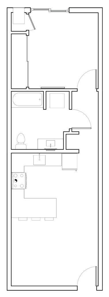 Black-and-white floor plan of a narrow apartment with several rooms and doors.