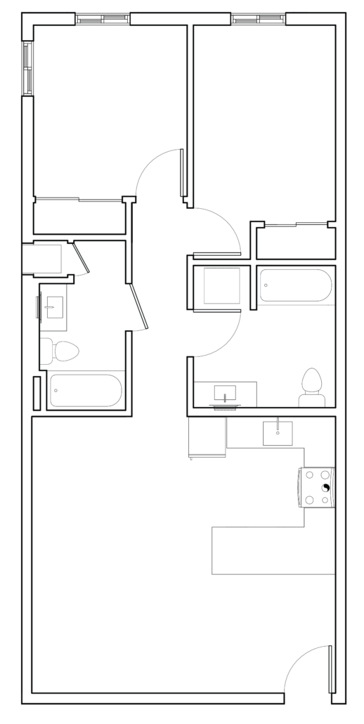 Black-and-white floor plan of a small apartment with rooms, doors, and kitchen area.