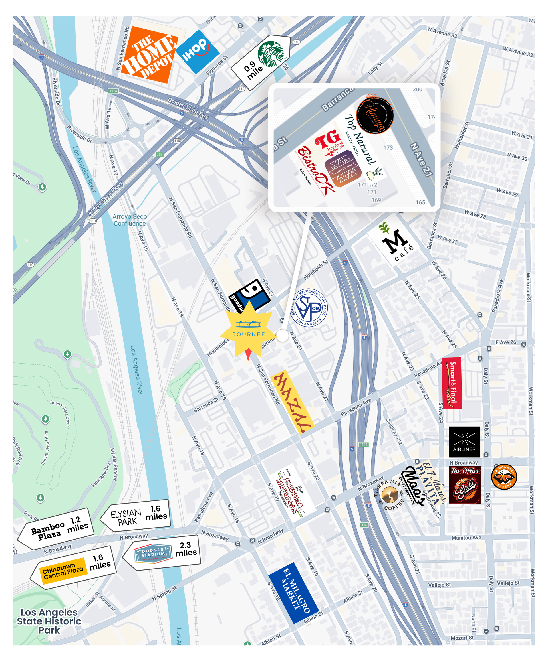 Map of a city showing locations of stores and businesses.