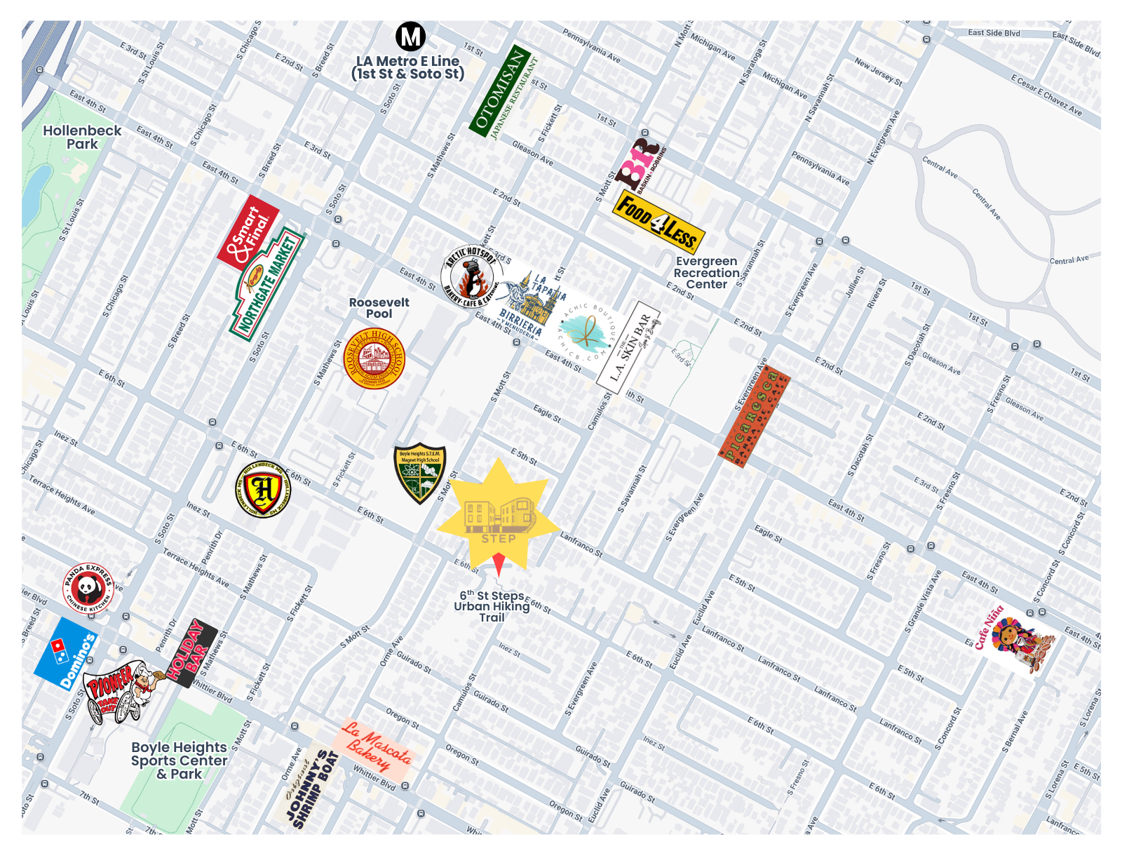 Map of a city street with restaurant logos marked.