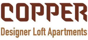 Copper logo with “Designer Loft Apartments” in brown text on a white background