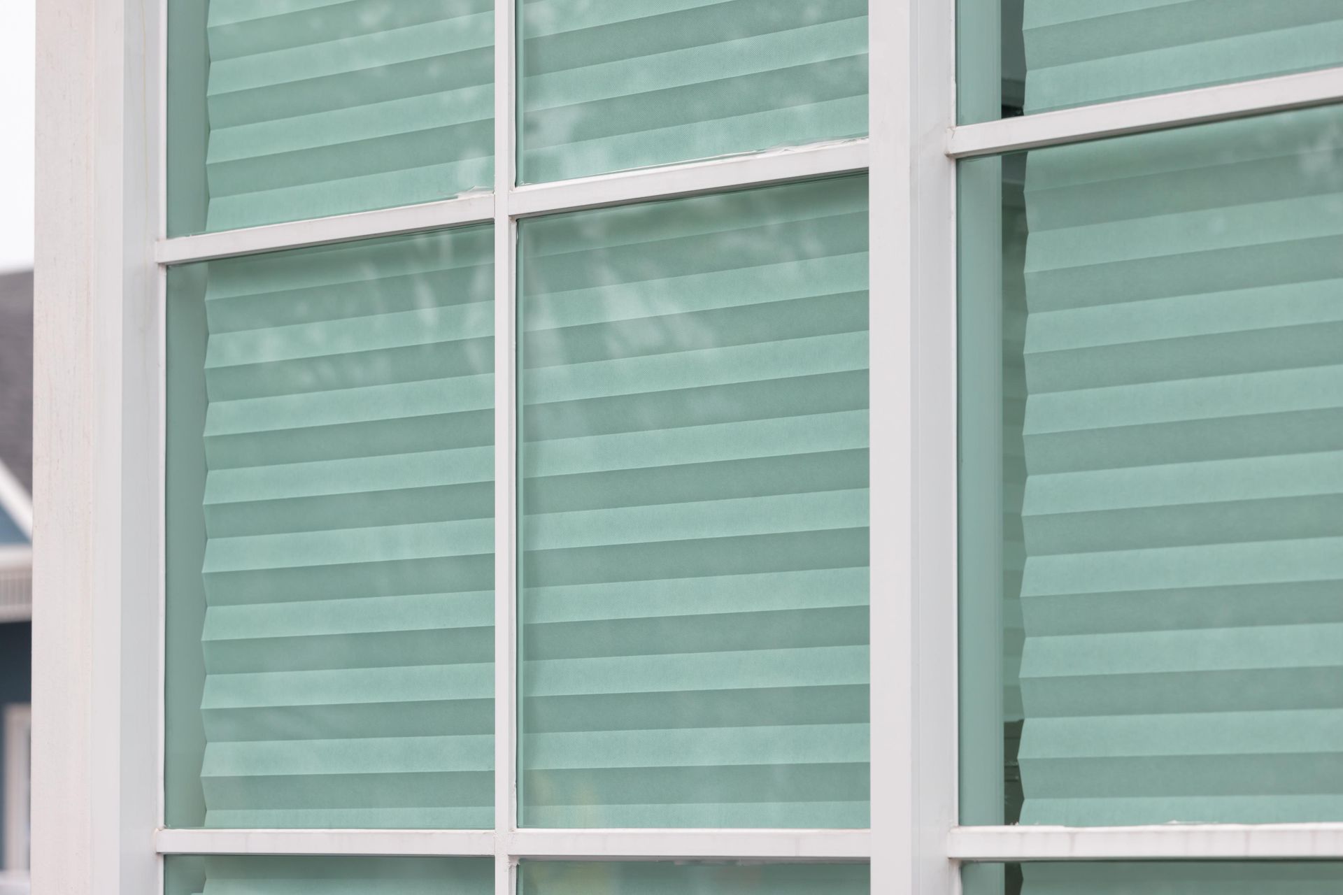 Green pleated shades inside a multi-pane white window.