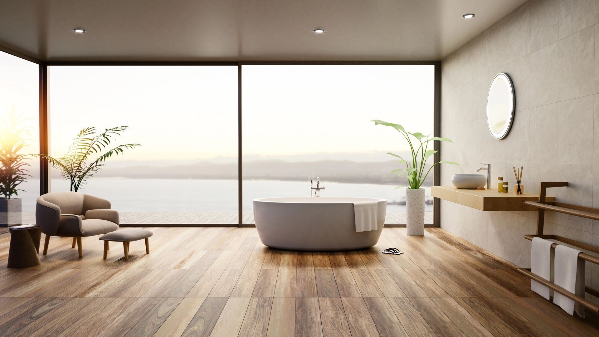 Bagnio moderno con pavimento in legno
