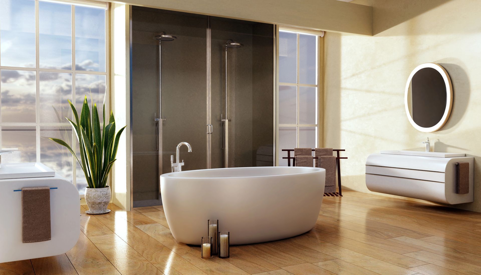 Bagno moderno con ampie finestre, vasca indipendente, doccia e lavandino moderno.