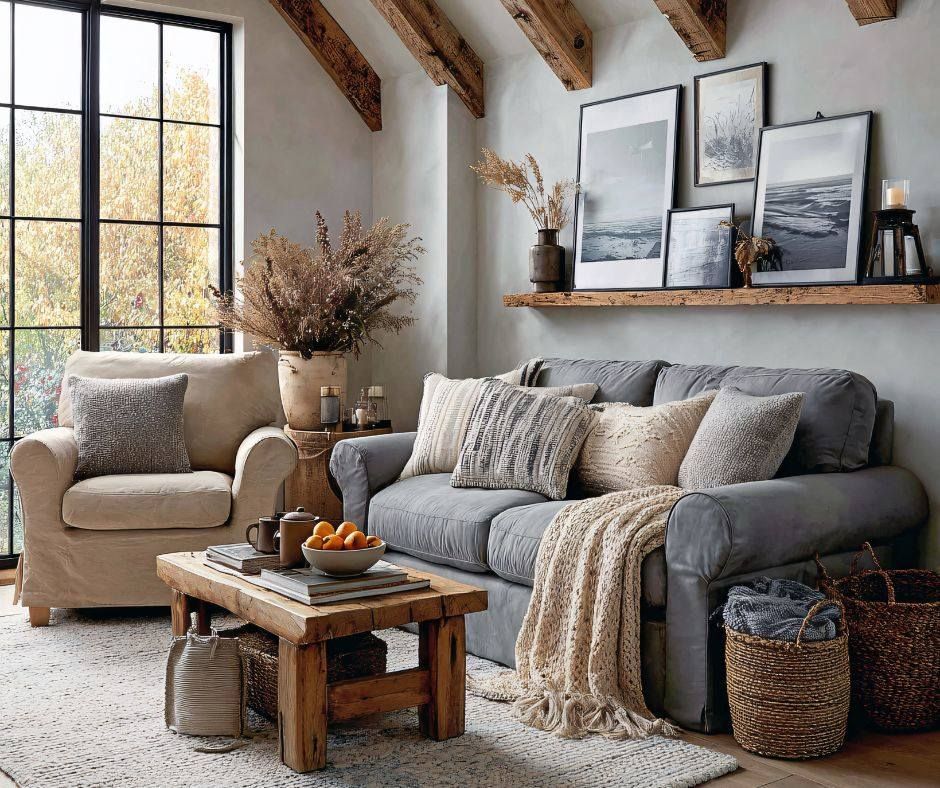 Cozy neutral living room with gray sofa, armchair, rustic coffee table, baskets, and framed wall art