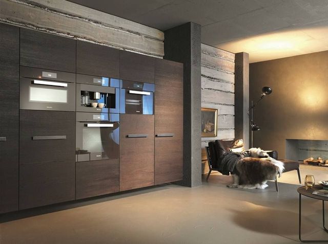 Modern living room with dark wood wall unit, built-in TV, and seating area under warm lighting