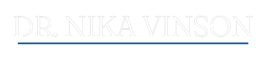 Light gray “DR NIKA VINSON” text with a thin blue line underneath on a white background