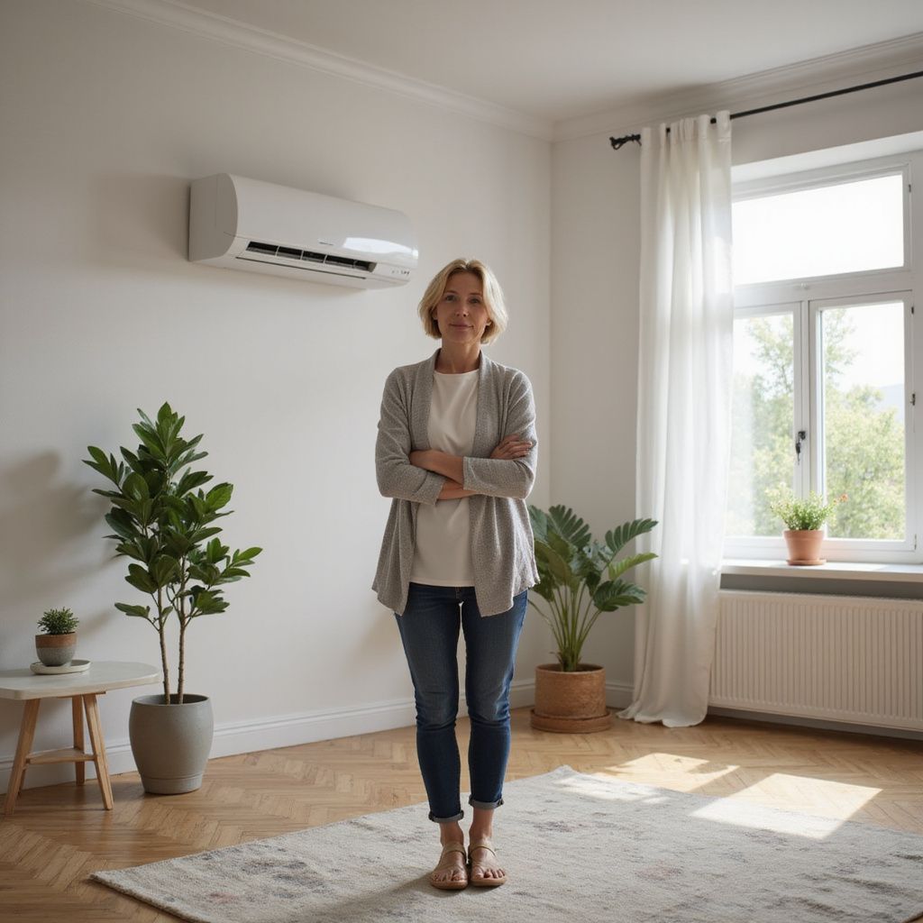 Woman standing in a living room with arms crossed, air conditioner on the wall, and plants.