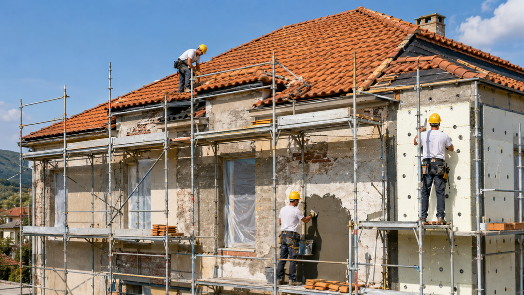 Due operai esaminano la planimetria di una stanza moderna in fase di ristrutturazione, circondati da materiali in legno e attrezzi.