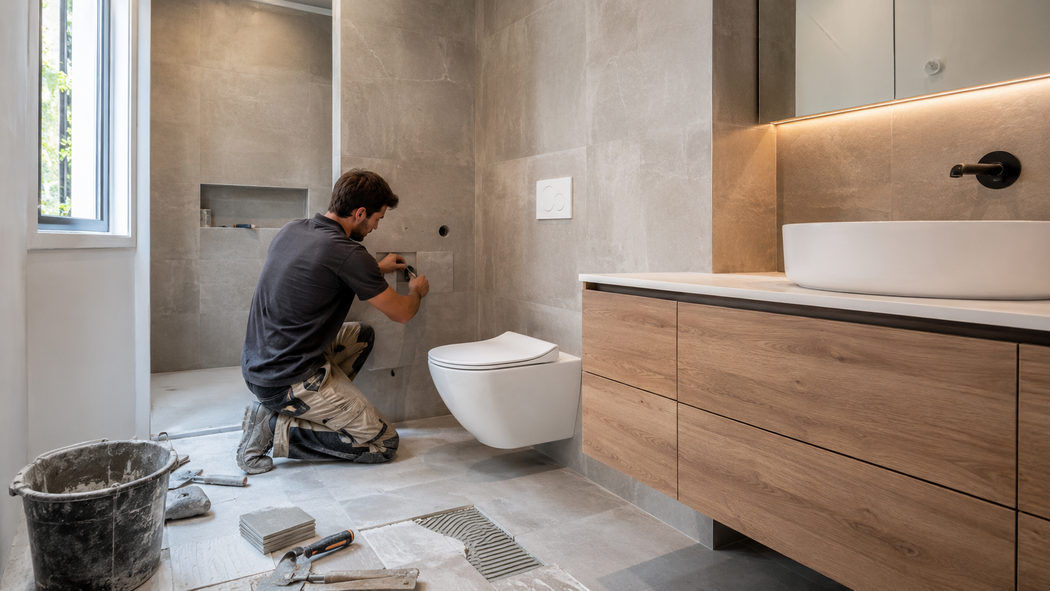 Operaio che installa piastrelle a parete in un bagno moderno con mobile lavabo sospeso e vasca.