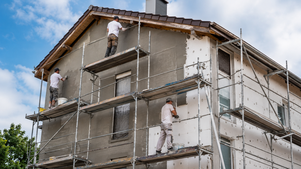 Operai su impalcature dipingono l'esterno di una casa bianca in fase di ristrutturazione.