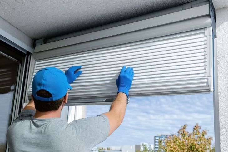 Person in blue gloves opening a gray metal window shutter indoors Person in blue gloves opening a gray metal window shutter indoors