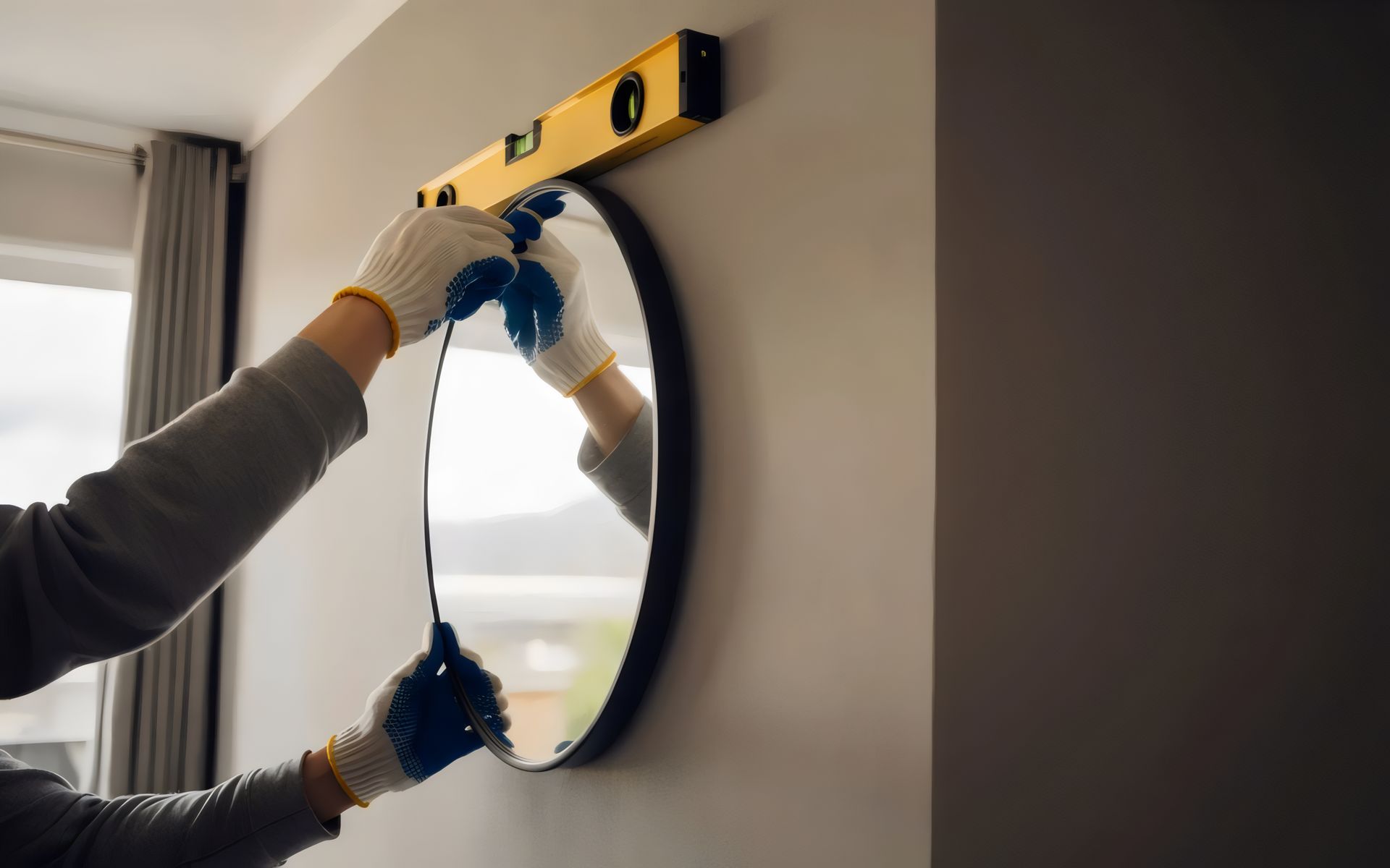 Person installing a round mirror on a wall with a yellow level and gloved hands