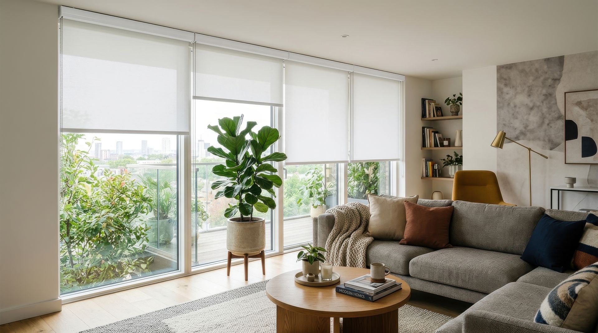 Bright modern living room with large windows, sectional sofa, coffee table, and tall potted plant