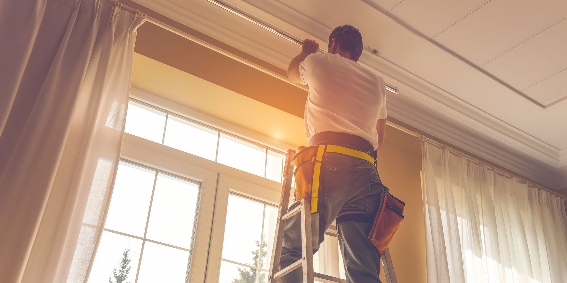 Person standing on a ladder installing curtains beside a sunlit window