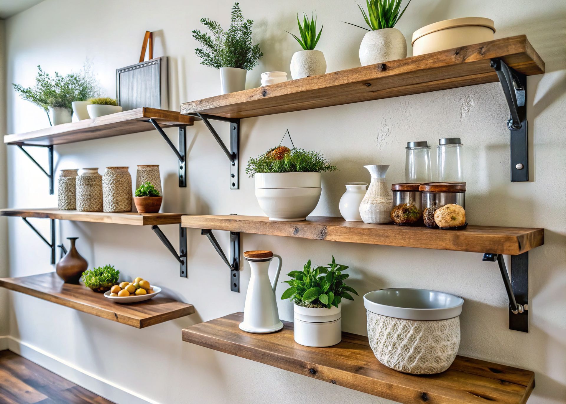 Three wooden wall shelves with potted plants, jars, bowls, and kitchen decor in a bright room