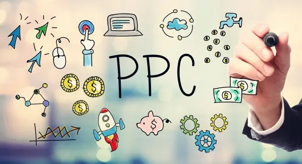 a person is writing the word ppc on a screen with a marker .