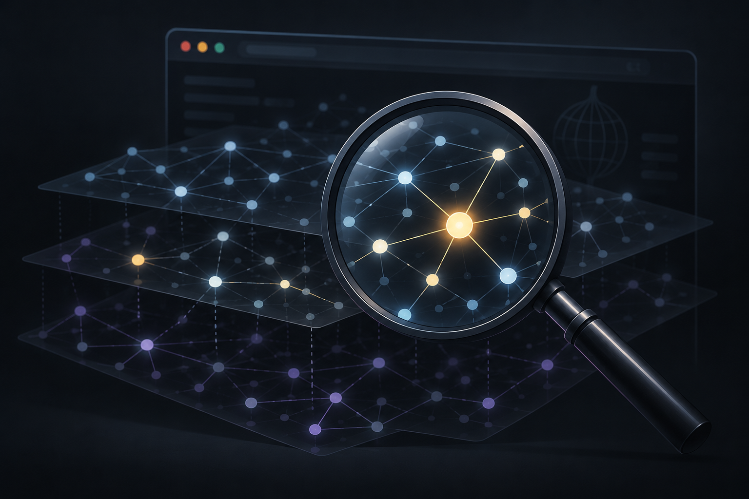 Magnifying glass over a network of data points, representing dark web research
