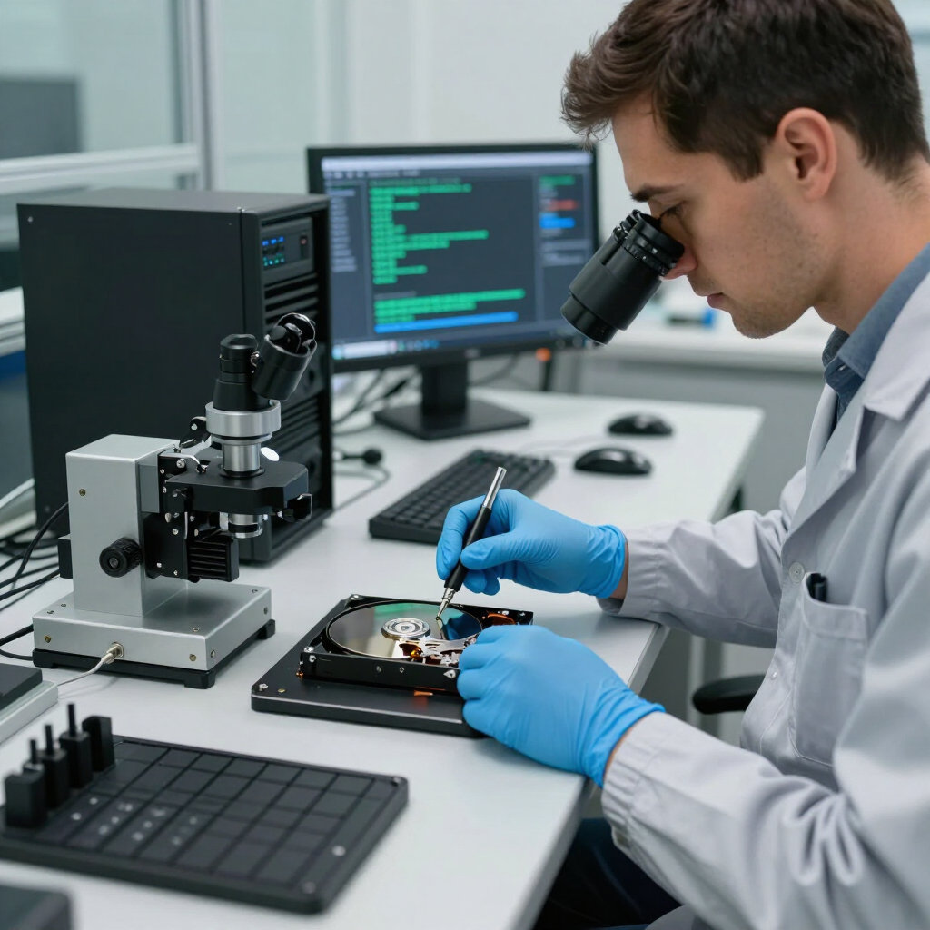 Technician in lab coat and blue gloves inspecting a hard drive under a microscope in a computer lab