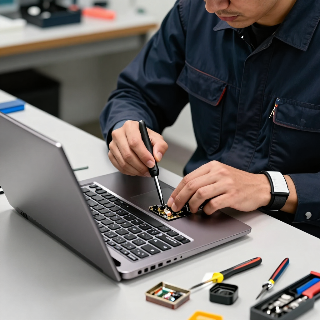 Technician soldering a laptop circuit board on a workbench with tools nearby