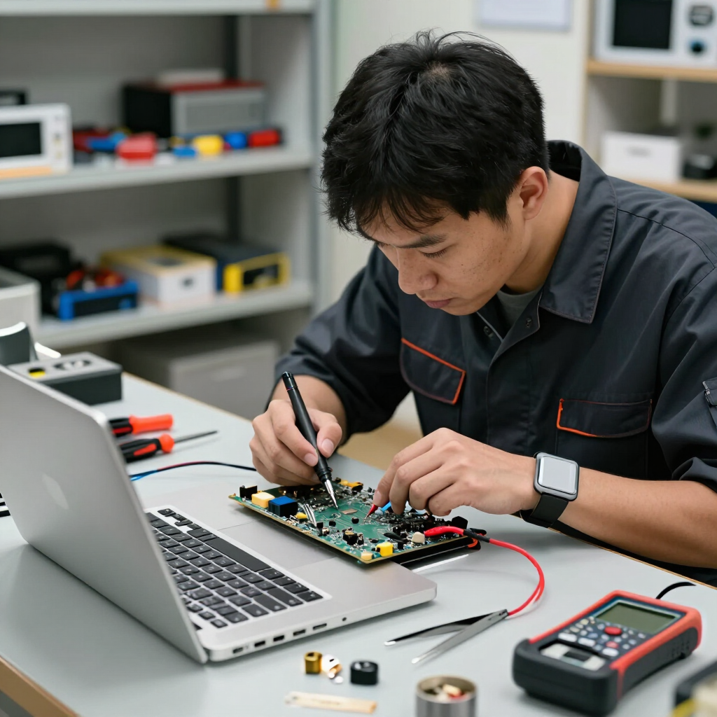 Technician soldering a circuit board at a desk with a laptop and multimeter in a workshop