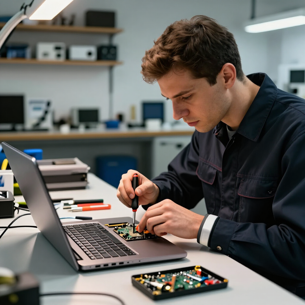 Technician repairing a laptop with tools at a workbench in an electronics lab
