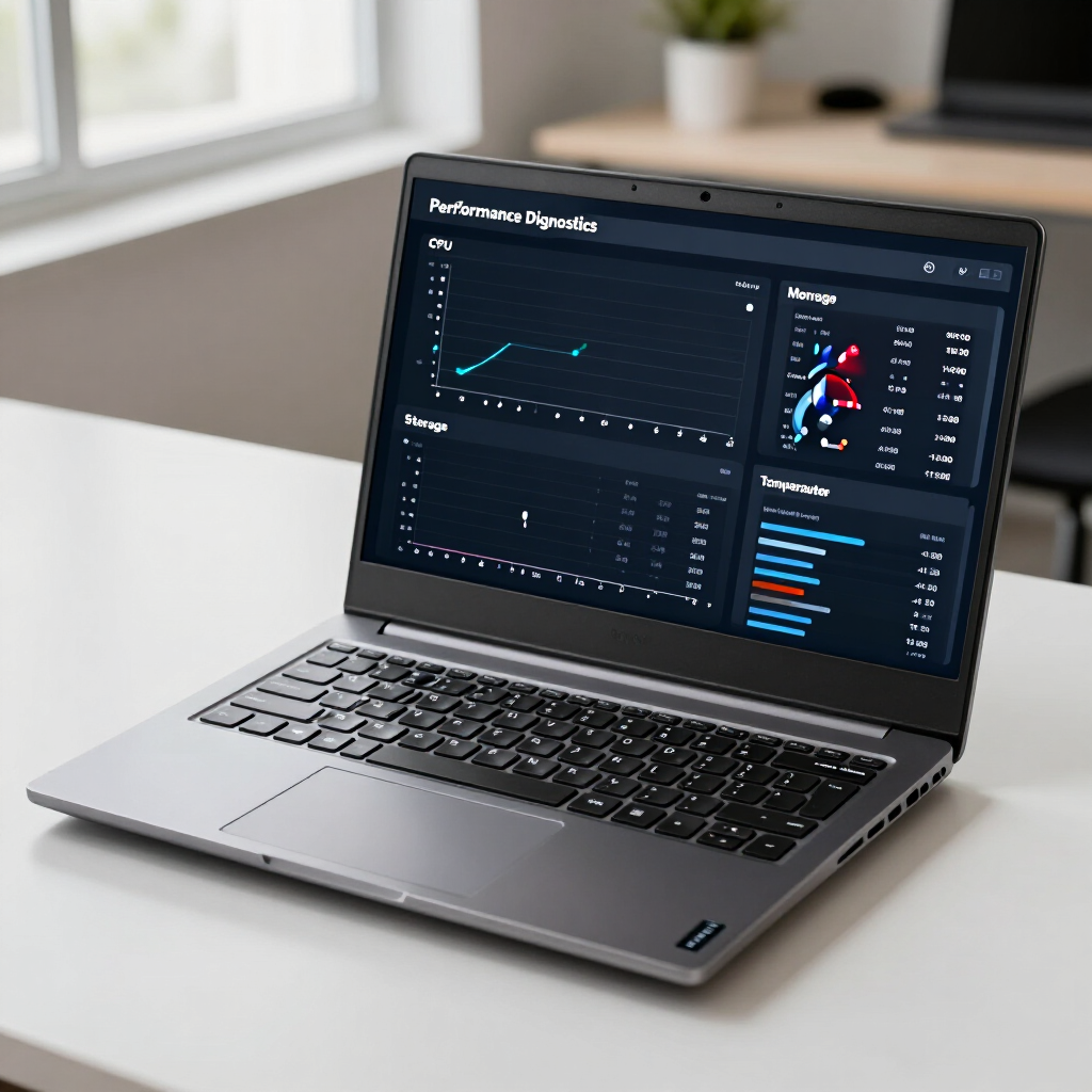 Open laptop on a desk displaying analytics dashboards and charts