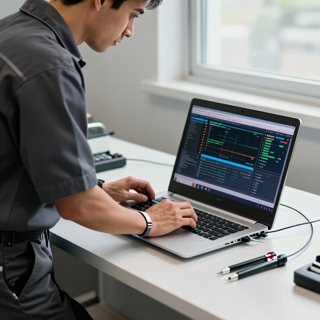 Technician typing on a laptop beside a window, with cables and tools on a white desk.