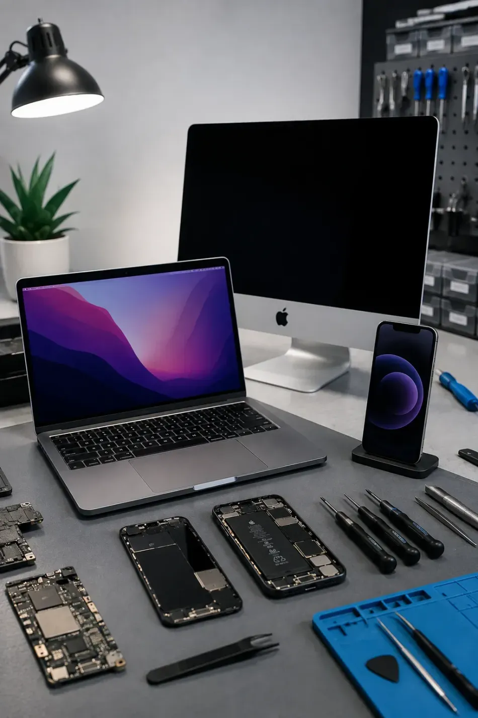 Electronics repair workbench with laptops, smartphone parts, tools, and a desktop computer.