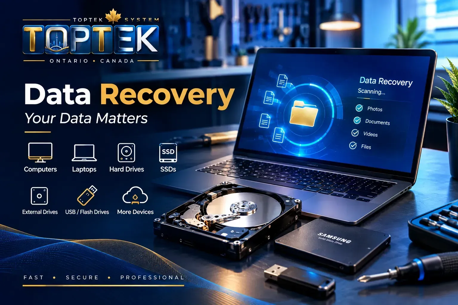 TOPTEK data recovery promo with laptop, hard drive, and blue glowing interface on a dark desk