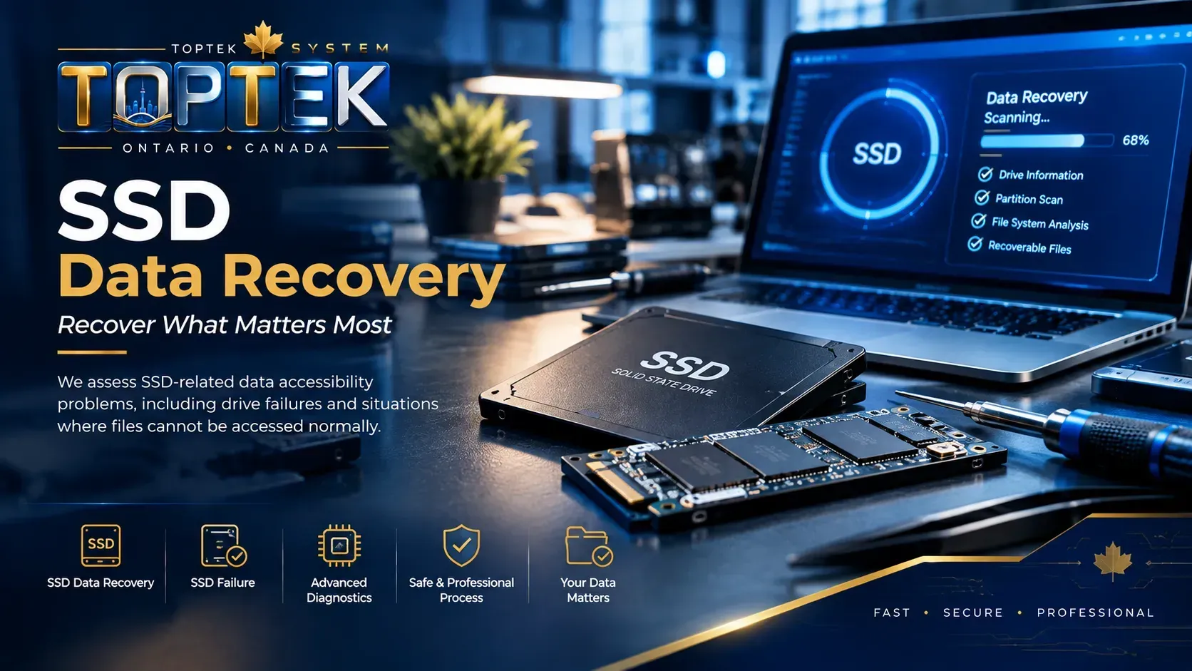 TOPTEK SSD data recovery ad with laptop, SSD drives, and blue tech interface on a dark background