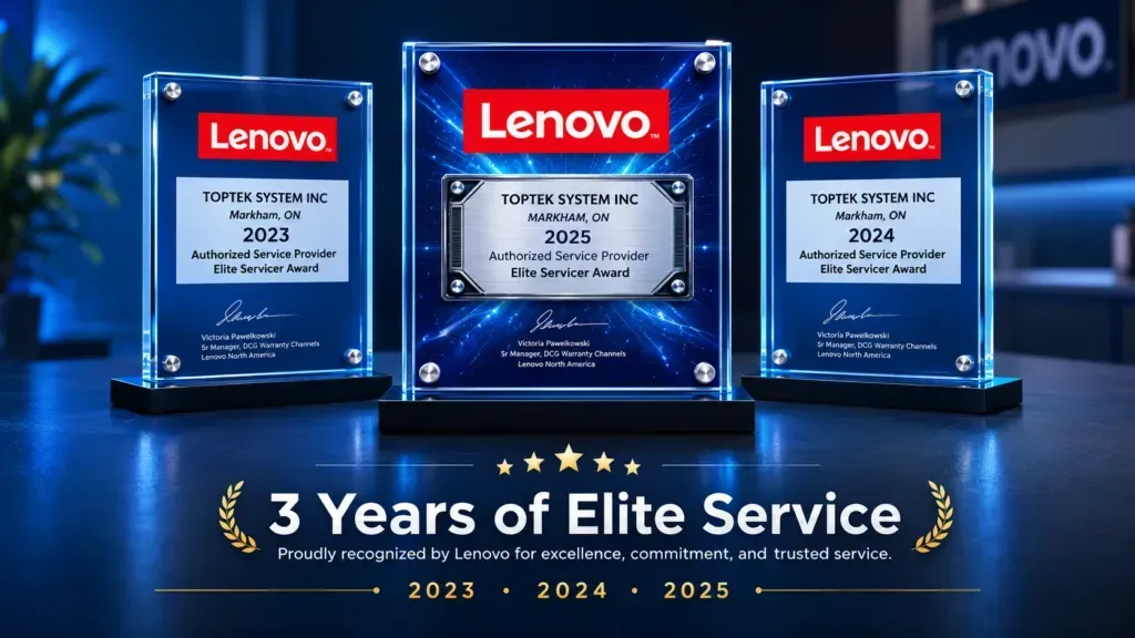 Lenovo award plaques on blue background, with “3 Years of Elite Service” and years 2023–2025 displayed.