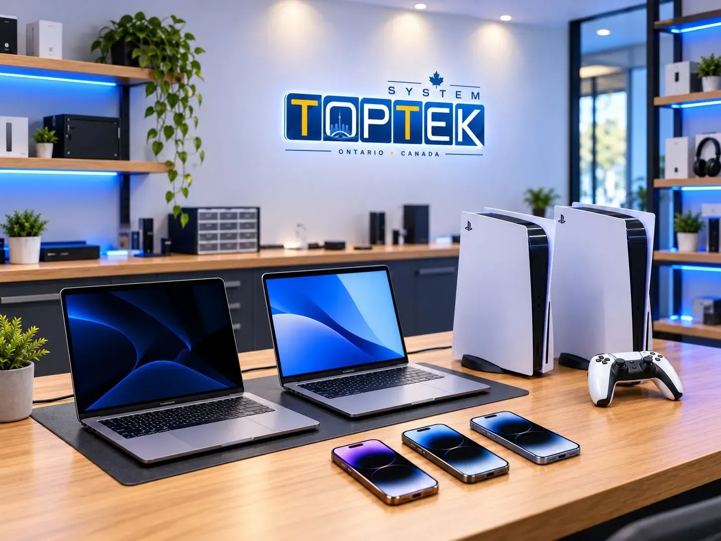 Desk with multiple laptops, four game consoles, controllers, and several smartphones arranged in rows.