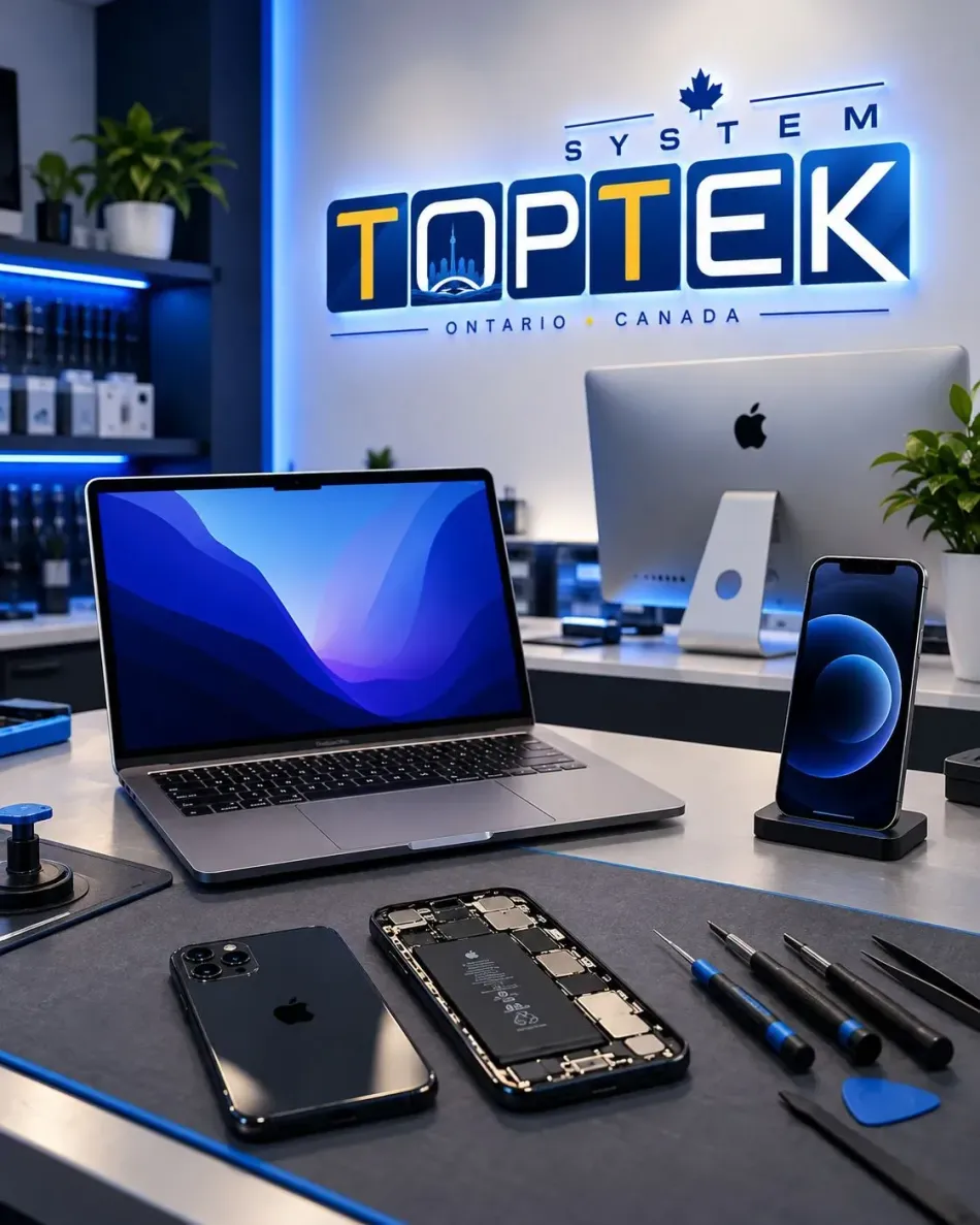 Electronics repair workbench with laptops, smartphone parts, tools, and a desktop computer.