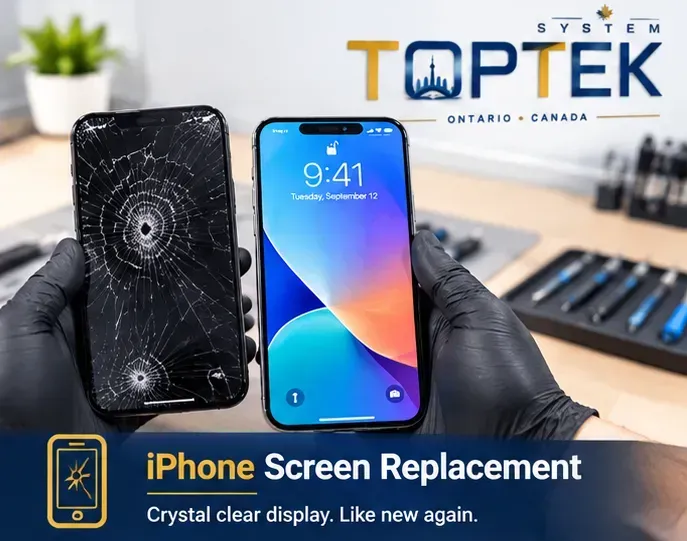 Cracked iPhone next to a repaired screen, with text: “iPhone Screen Replacement” and “Like new again.”