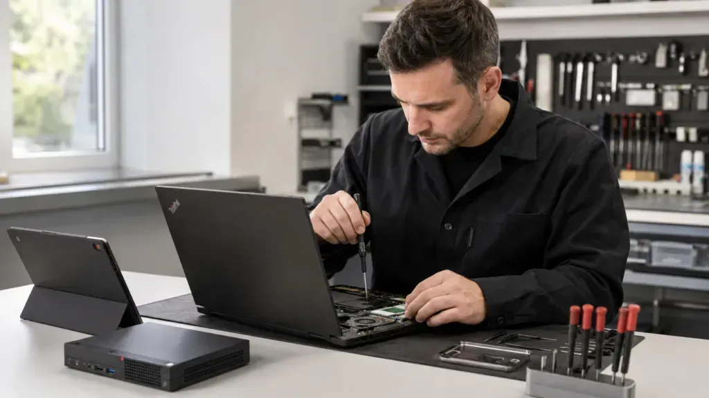 Technician repairing a laptop at a workbench with tools and a second laptop nearby