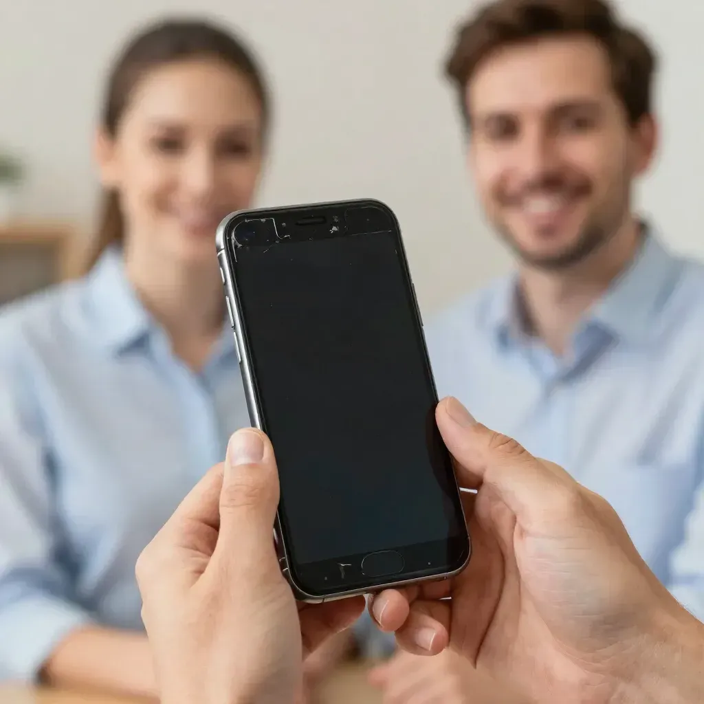 Hands holding a smartphone in front of two smiling people in a bright office setting