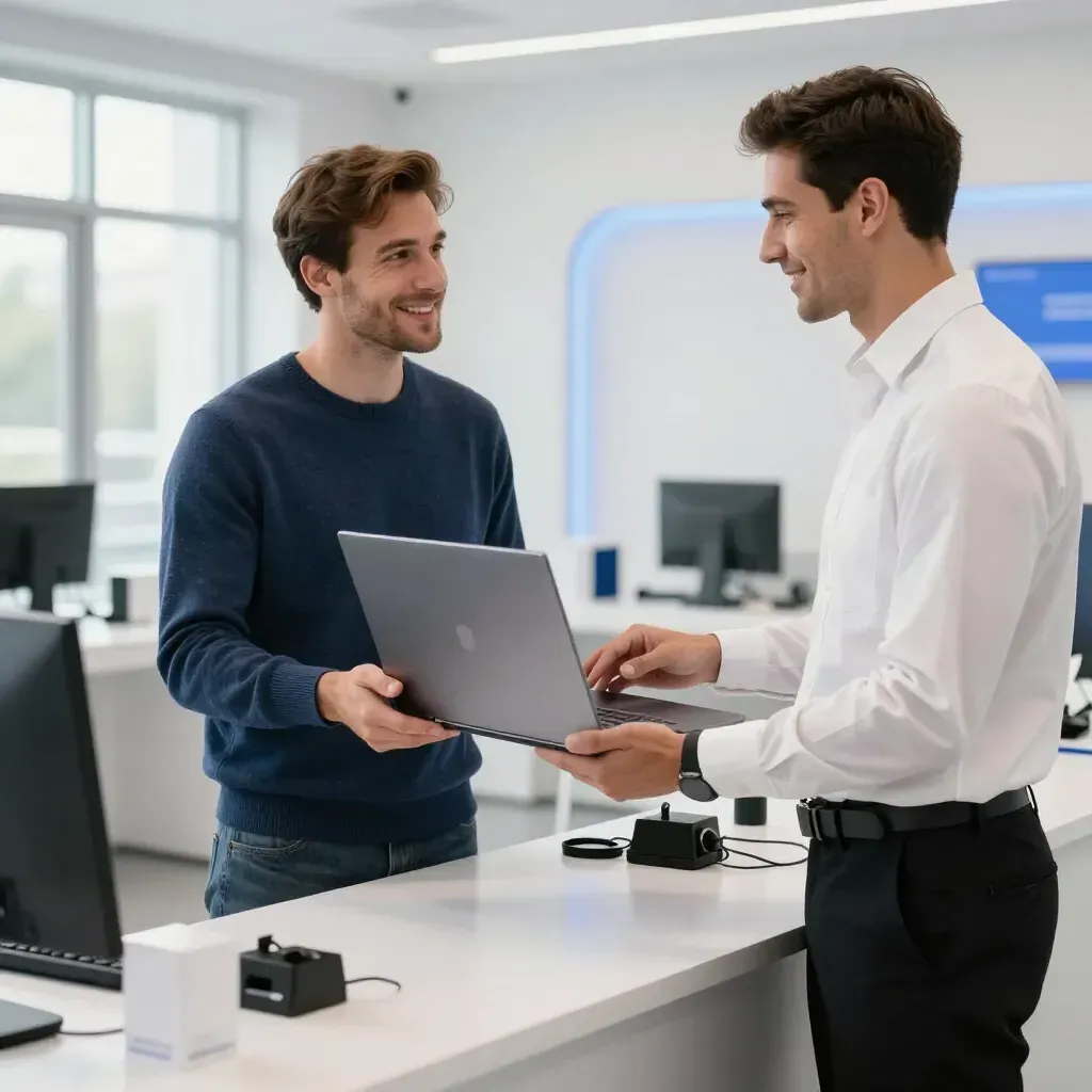 Two men discuss a laptop at a bright office counter
