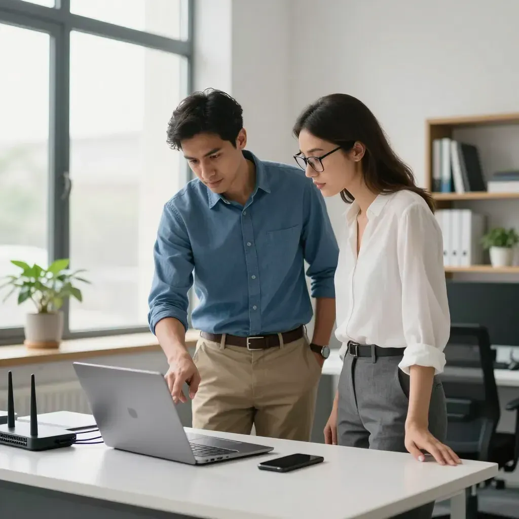 Two coworkers review a laptop in a bright office, with a phone and router on the desk.