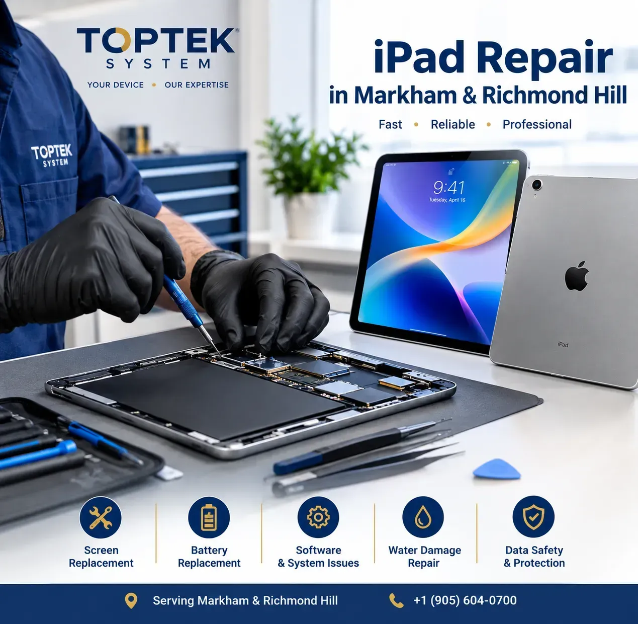 Professional iPad repair services in Markham, Ontario Technician repairing an iPad at a service desk with tool icons and laptop; TopTek System ad for iPad repair.