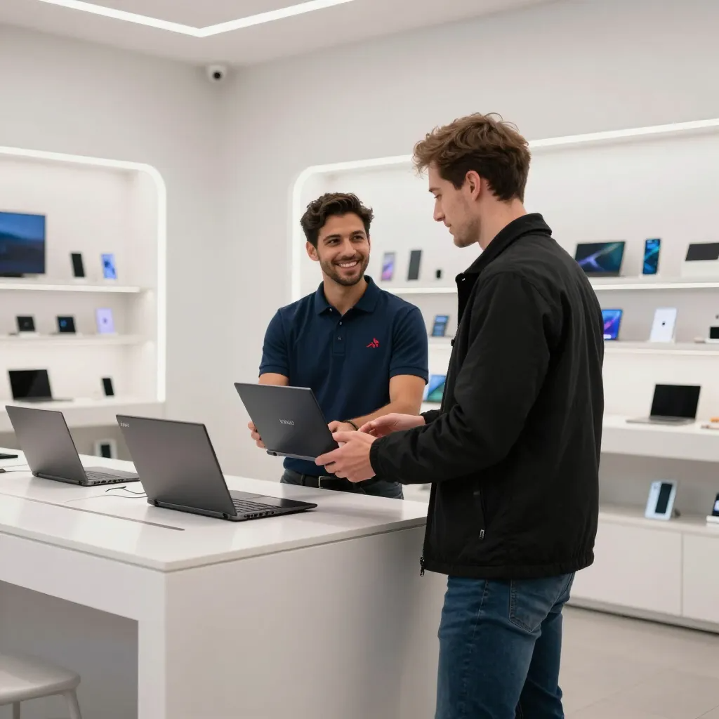 Two people at a tech store counter, smiling and discussing a tablet display.