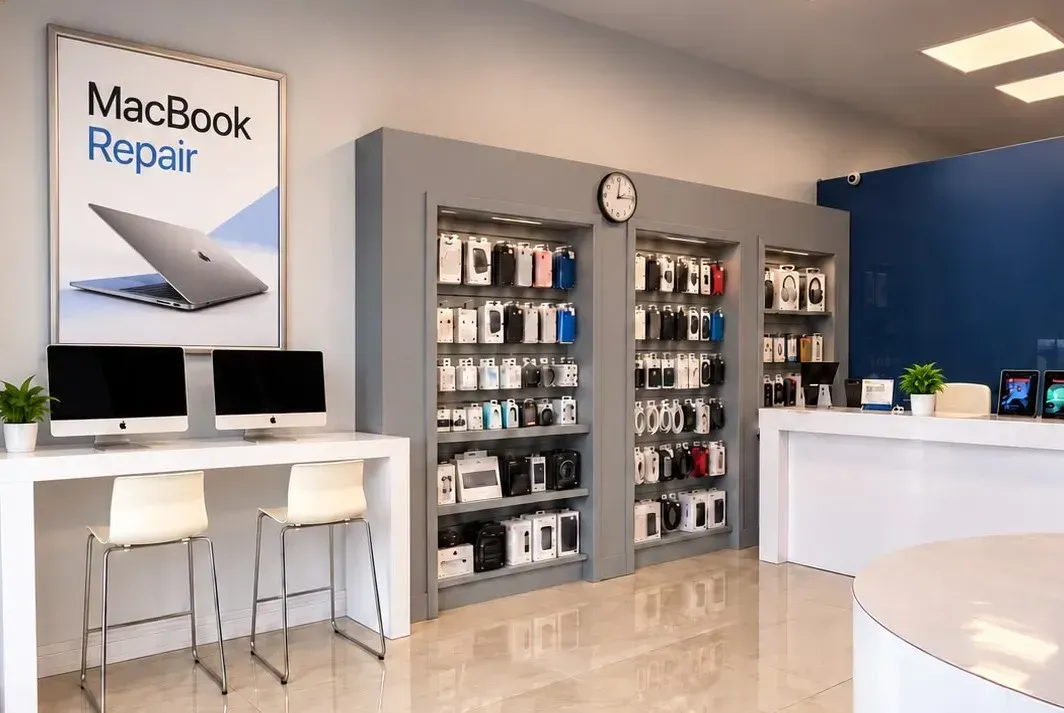MacBook repair shop interior with display cases, counter, and seating area