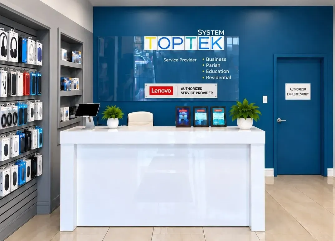 Modern cellphone store reception with white counter, blue accent wall, display shelves, and glass-door entry