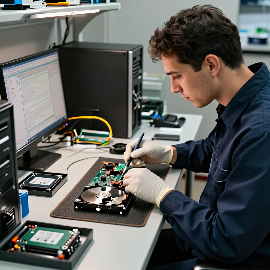 Technician in gloves repairs a hard drive at a computer workstation with tools and monitors