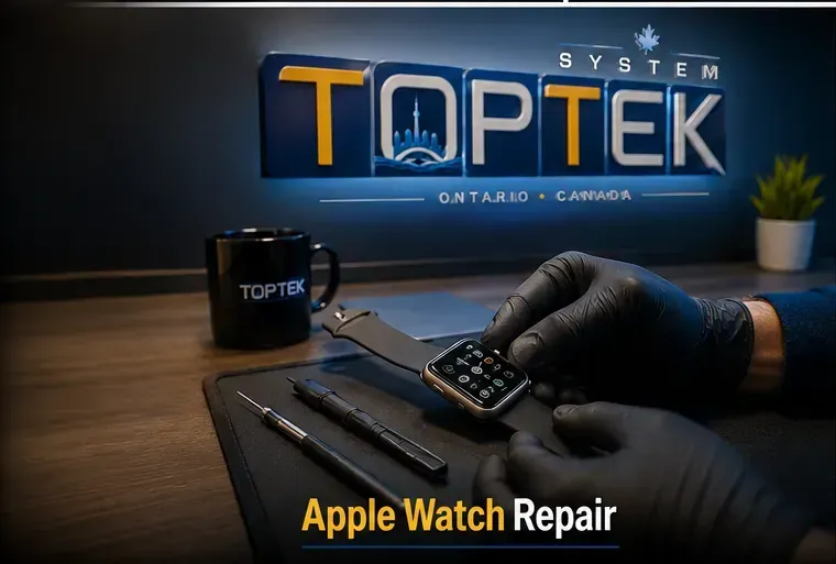 Apple Watch repair workspace with gloved hands and tools beside a TOPTEK sign