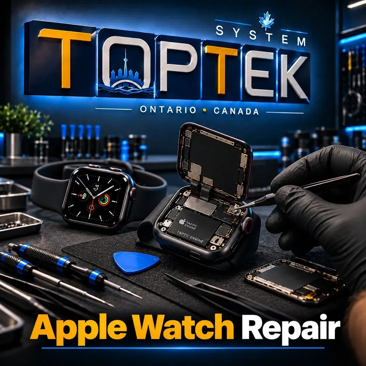 TOPTEK SYSTEM offers Apple Watch repair services in Markham Apple Watch repair bench with open smartwatch, tools, and TopTek branding sign in the background