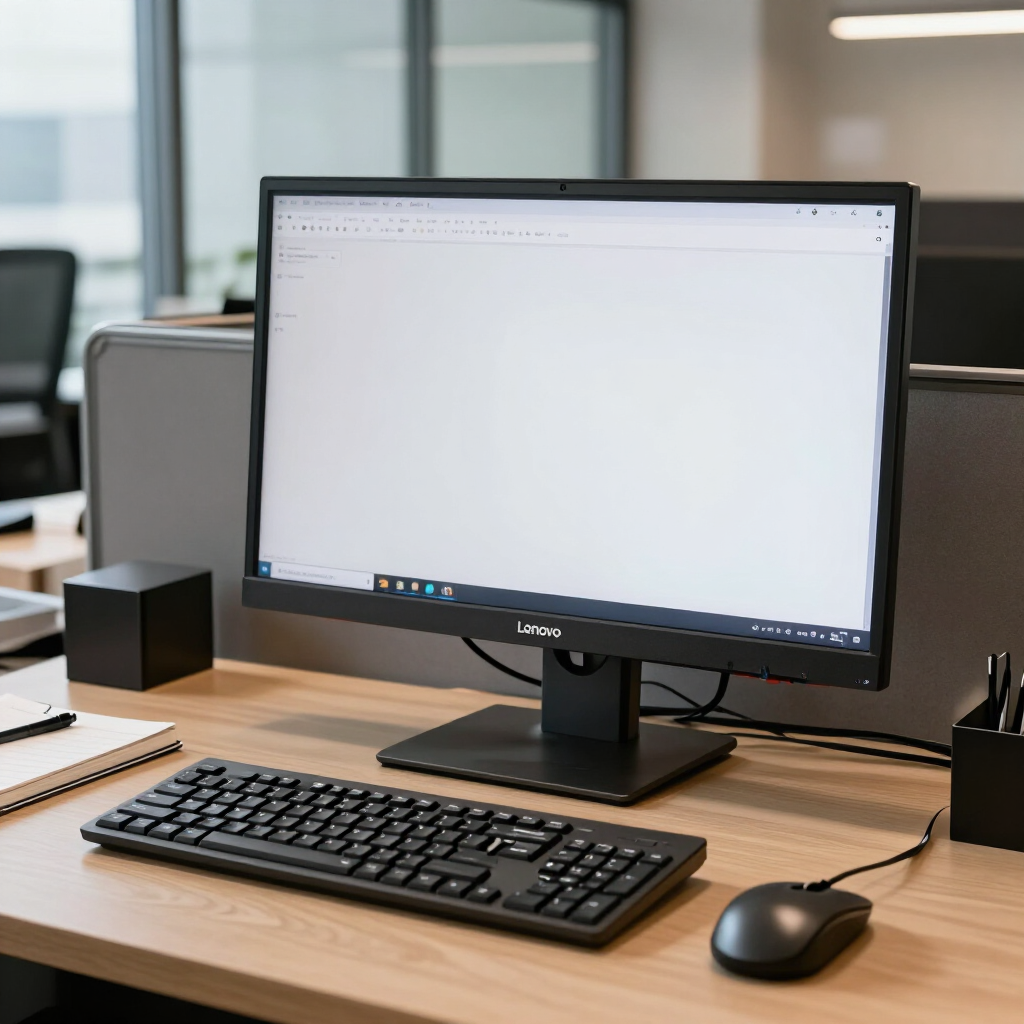 Office desk with monitor, keyboard, mouse, and notebook in a bright workspace