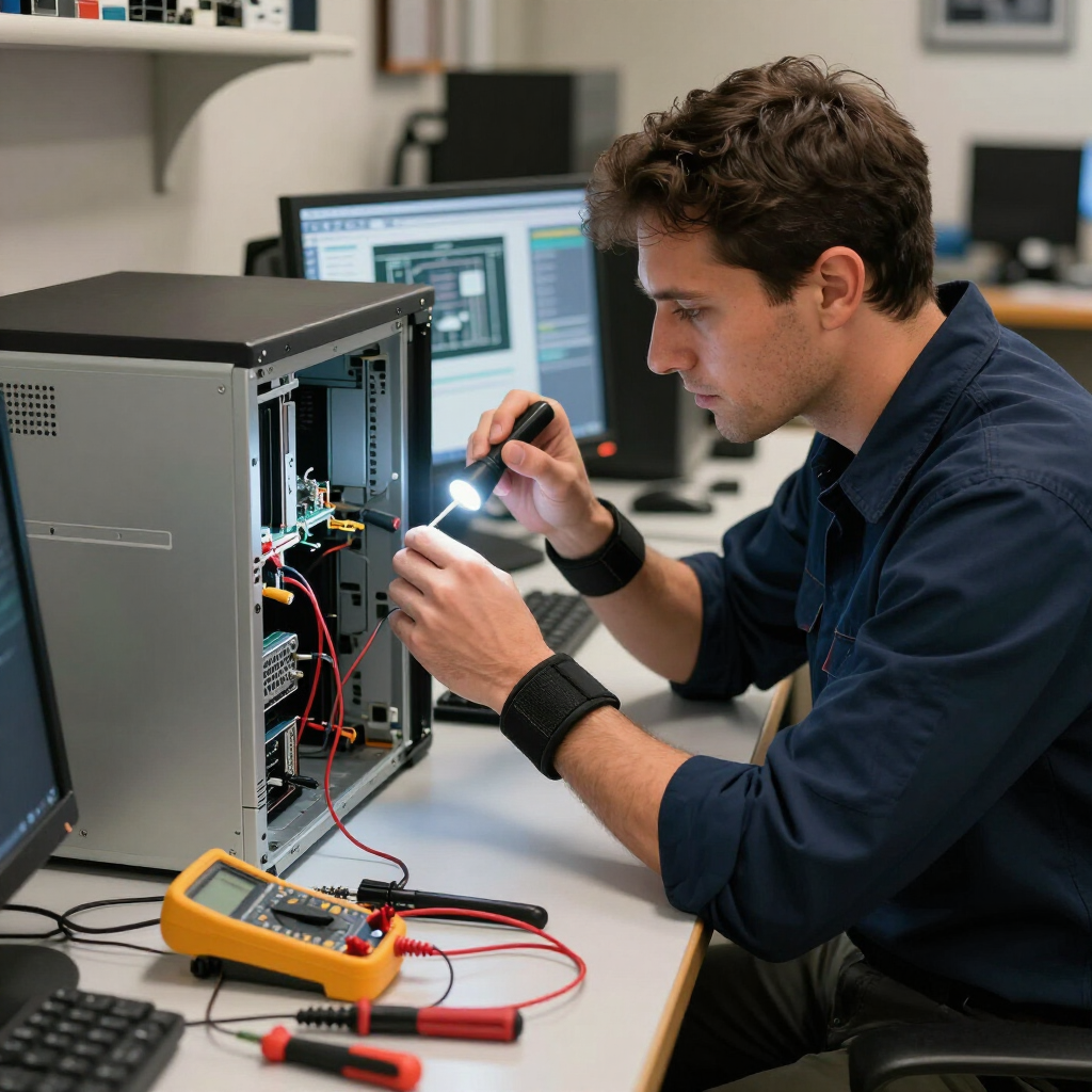 Technician inspecting a desktop computer’s interior with a flashlight and multimeter at a workbench