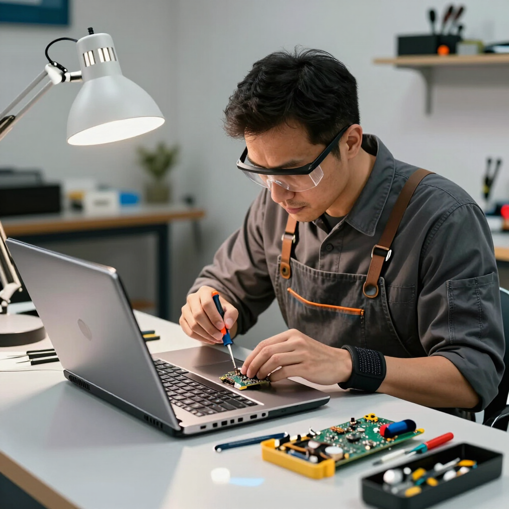 Technician repairing a laptop at a workbench with electronic tools and circuit boards nearby